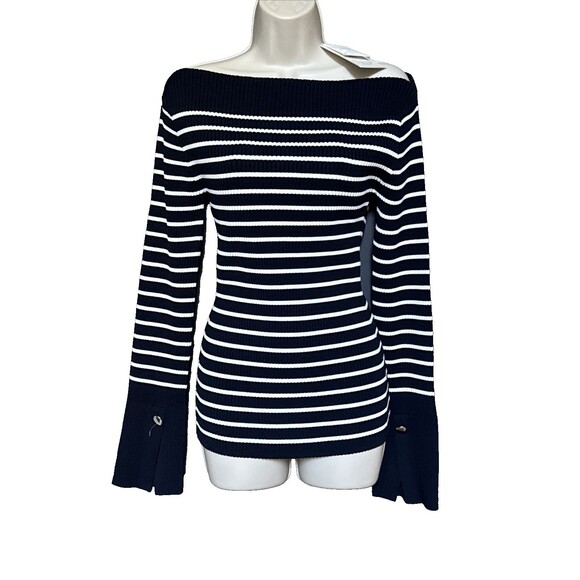 NWT A.L.C. Anya Size XL Ribbed Stripe Boat-Neck Sweater Blouse Top Blue White - Picture 4 of 12